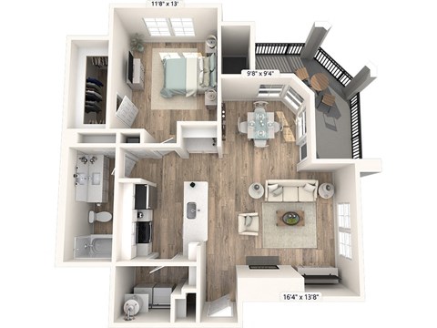 Floor plan for 1 bed, 1 bath, 832 sqft